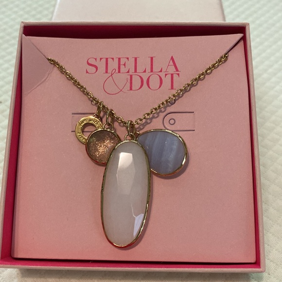 Stella&Dot Trinity Gold Necklace Blue White Circular Semi Precious Stone Charms - Picture 1 of 3